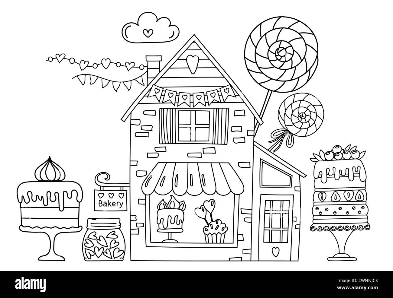 Coloriage - Illustration de boulangerie sucrée avec beaucoup de sucreries, gâteaux, bonbons - Livre de coloriage pour enfants Illustration de Vecteur