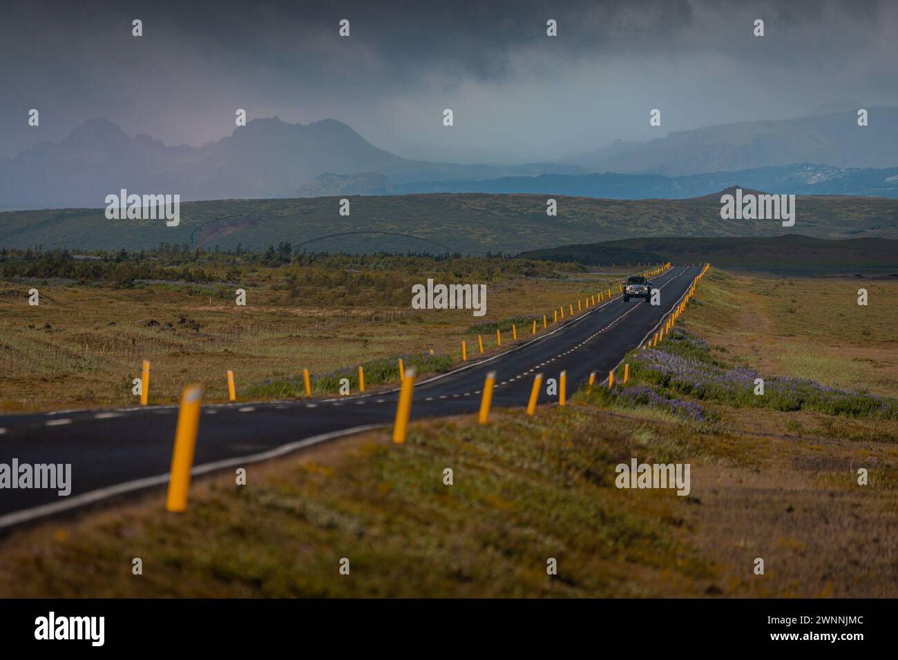 Road trip à travers l'islande au sud, route épique droite avec des poteaux jaunes menant de la haute plaine et des montagnes vers la vallée. Fantastique natur Banque D'Images