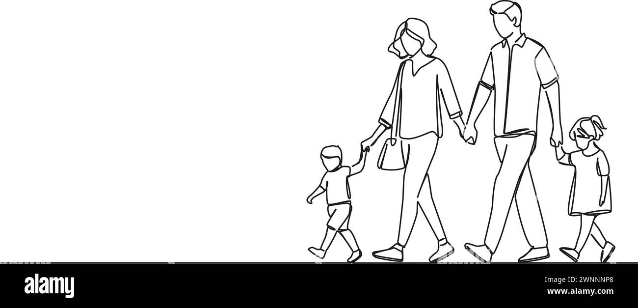 dessin en ligne simple continu des parents avec leurs deux enfants marchant main dans la main, illustration vectorielle d'art au trait Illustration de Vecteur
