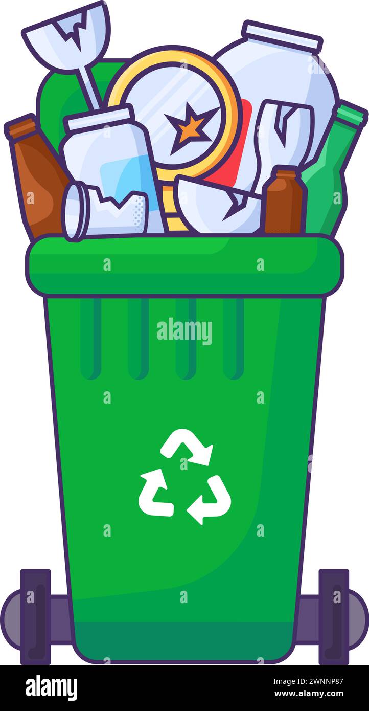 Récipient à couvercle entièrement ouvert pour le stockage, le recyclage et le tri des déchets ménagers en verre usagé. Poubelle transportable verte pour éclats de verre et bouteilles. Illustration de Vecteur