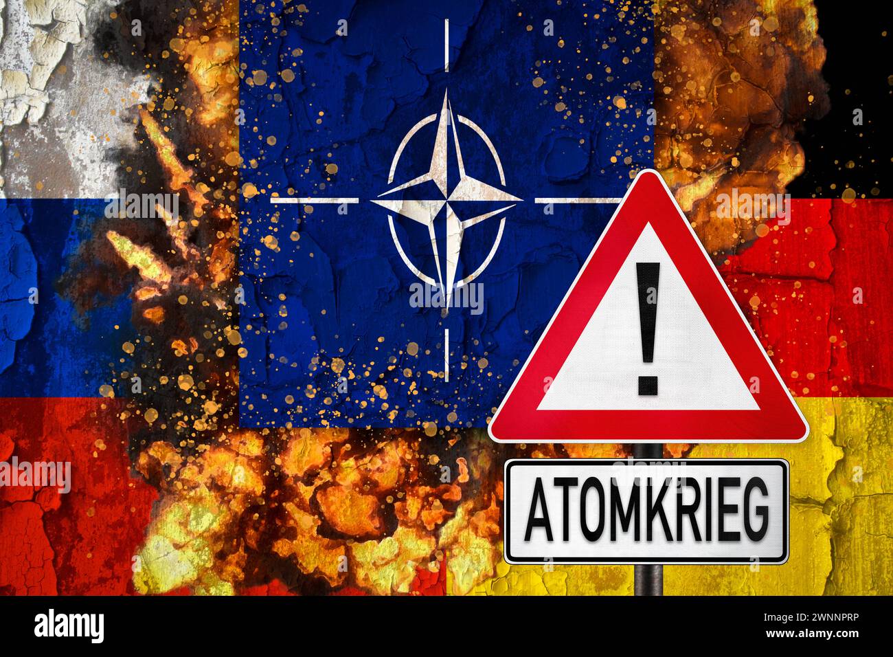 3 mars 2024 : drapeau de la Russie, de l'Allemagne et de l'OTAN devant les explosions, devant le panneau avec inscription : GUERRE ATOMIQUE. Scandale de la Bundeswehr par les services secrets de Poutine. PHOTOMONTAGE *** Russland, Deutschland und NATO Fahne vor Explosionen, vor Schild mit Schrift : ATOMKRIEG. Abhör-Skandal der Bundeswehr durch Putins Geheimdienst. FOTOMONTAGE Banque D'Images