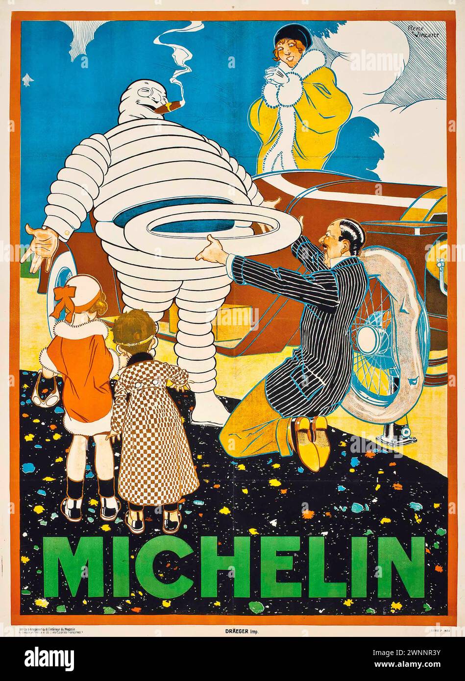 Affiche publicitaire vintage : pour les pneus Michelin, mettant en vedette l'homme Michelin fumant un cigare. René Vincent, 1925 France Banque D'Images