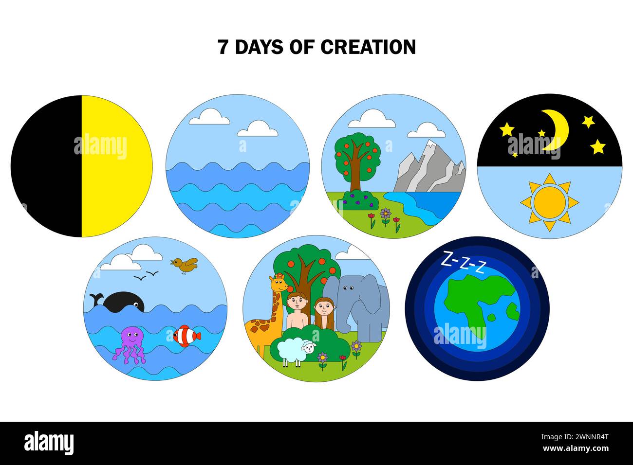 Biblique sept jours de création. De la lumière à la journée de repos. Illustration vectorielle. SPE 10. Image de stock. Illustration de Vecteur