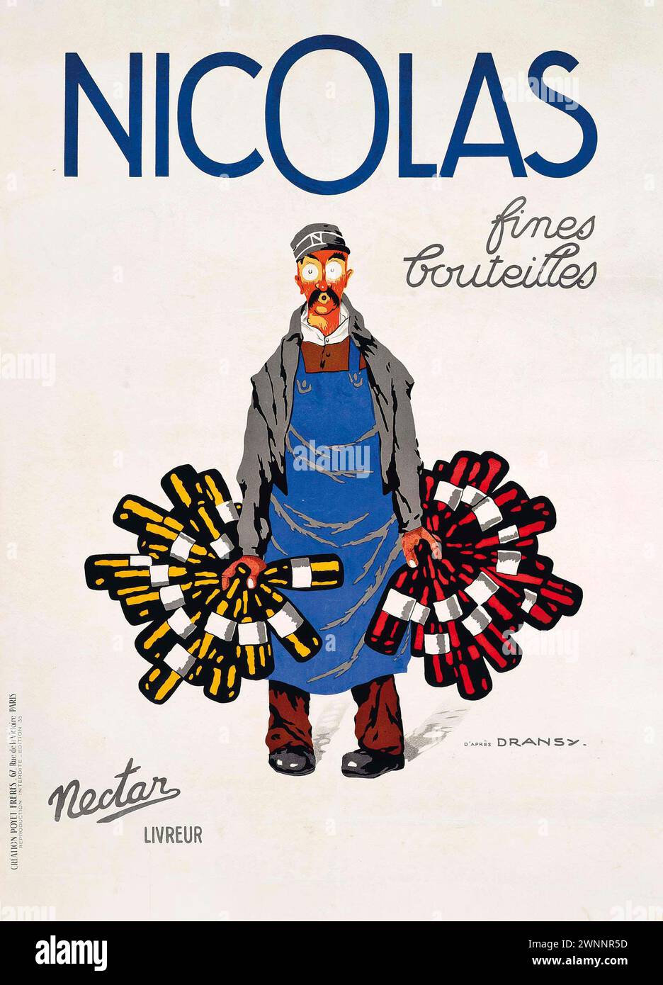 Affiche publicitaire vintage : pour Nicolas fines bouteilles, magasin de vin. Par Jules Isnard Dransy vers 1930 Banque D'Images