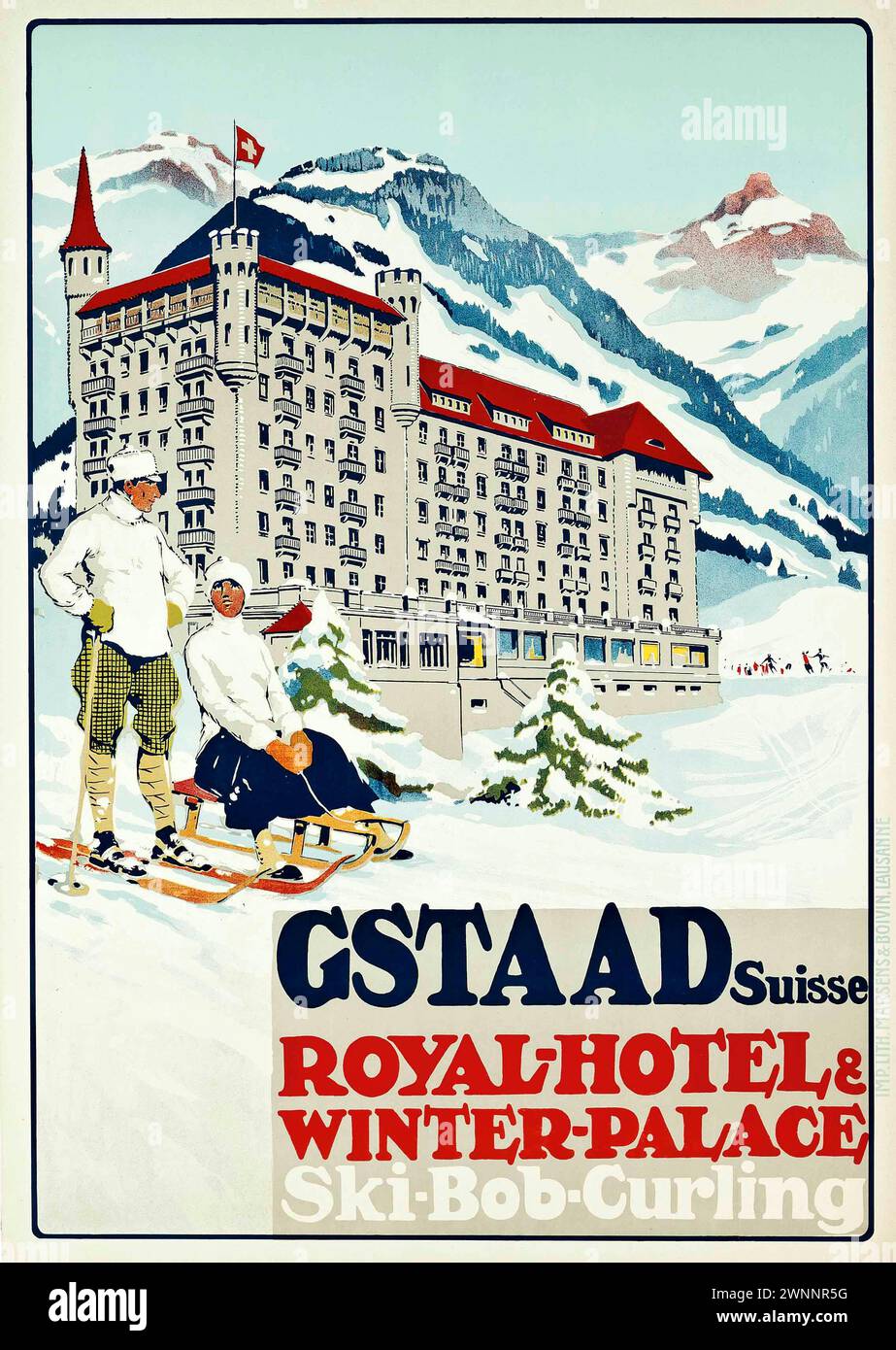 Affiche de sport d'hiver vintage : Gstaad, Suisse - Hôtel Royal et Palais d'hiver des années 1930 Banque D'Images