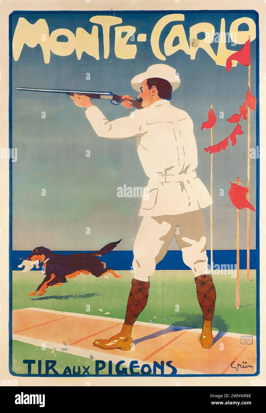 Affiche de voyage de chasse vintage : Monte Carlo- tir aux pigeons par Jules-Alexandre Grün vers les années 1920 Banque D'Images
