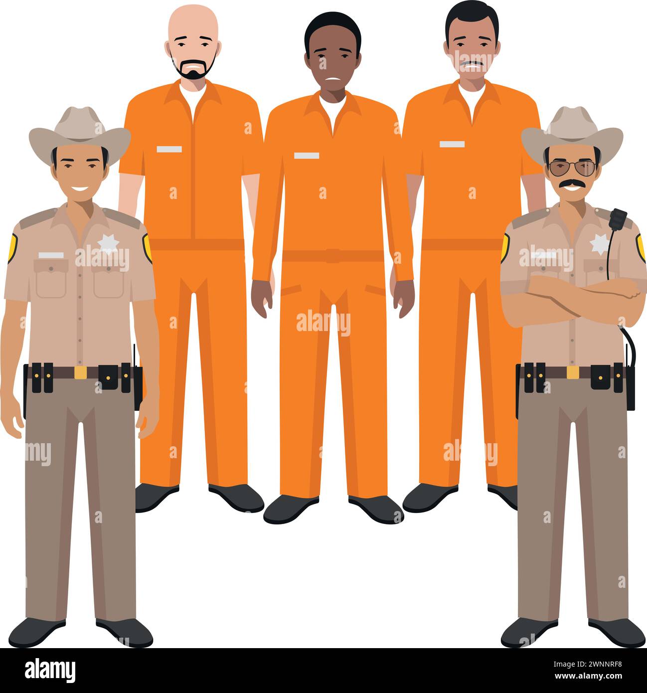 Debout policier américain Sheriff officier en uniforme et prisonnier personne en traditionnel dans les vêtements de prison caractère icône dans le style plat. Illustration de Vecteur