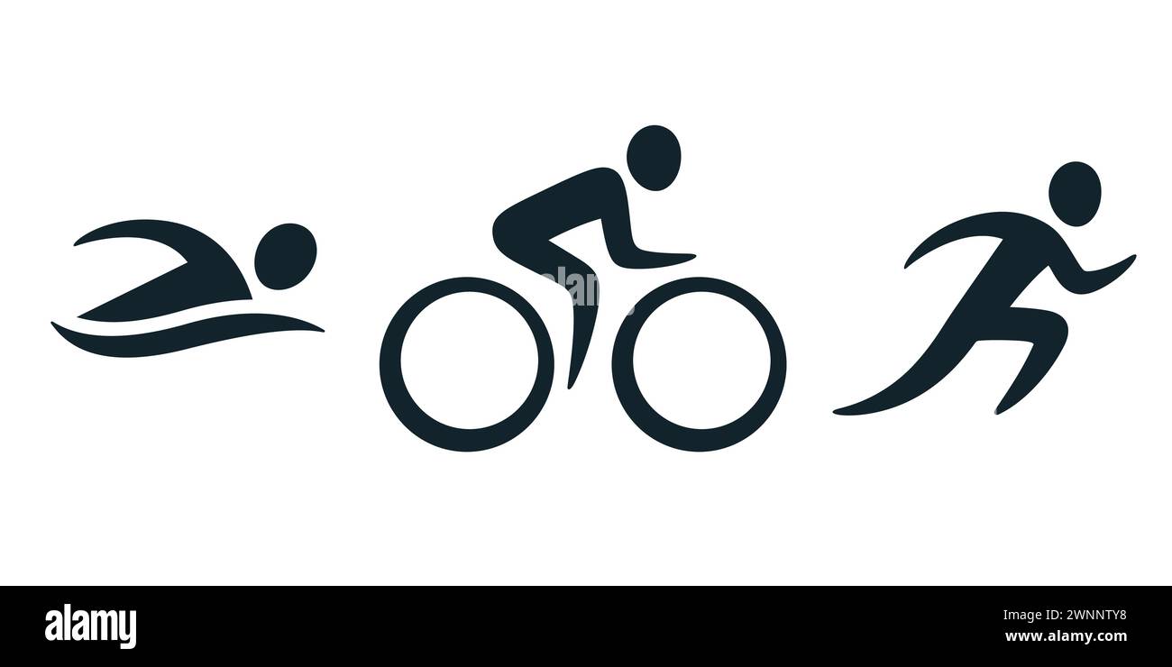 Icônes d'activité de triathlon - natation, course, vélo. Jeu de pictogrammes sportifs simple. Logo vectoriel isolé. Illustration de Vecteur