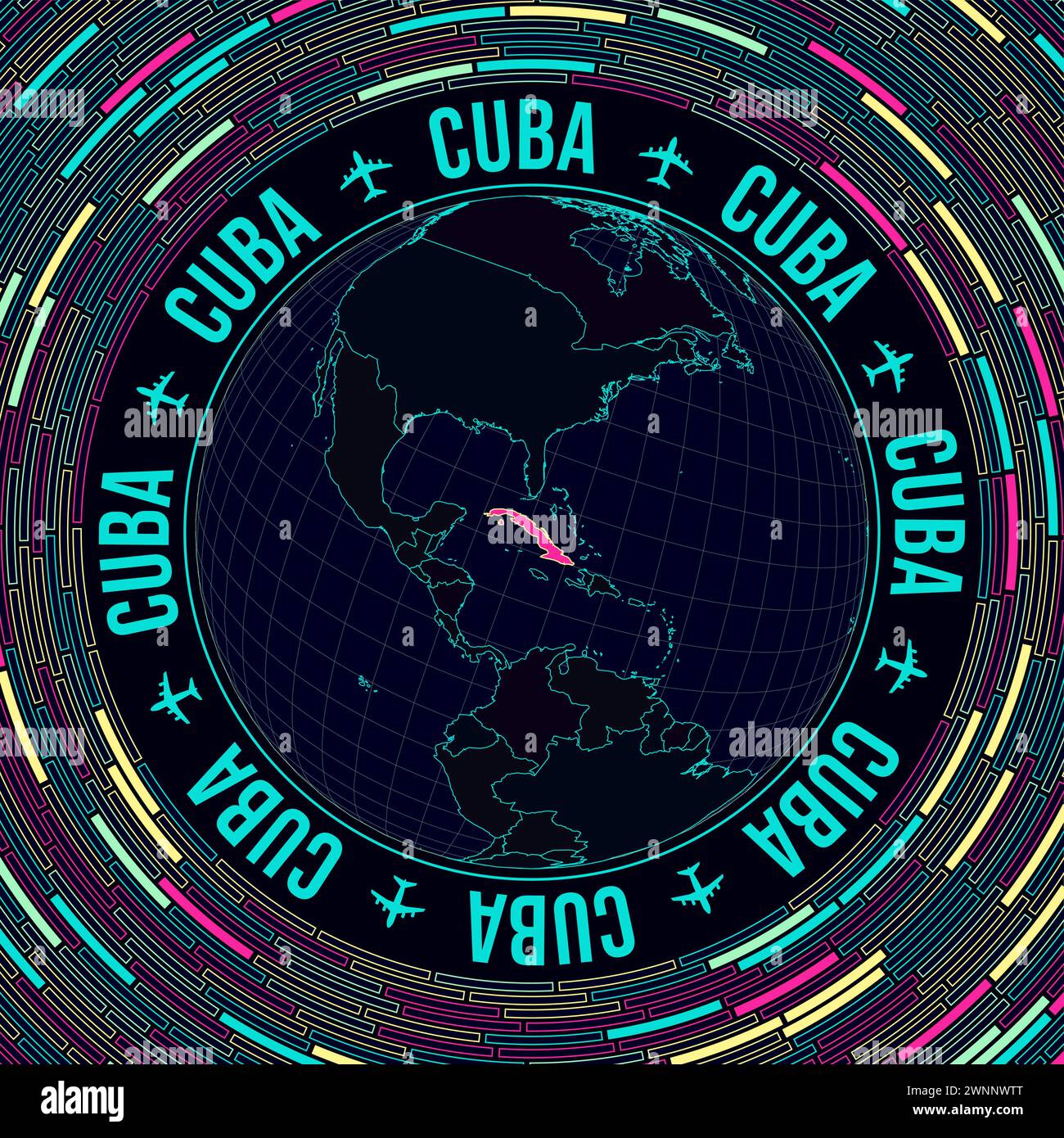 Cuba sur le globe. Vue satellite du monde centrée sur Cuba. Style néon lumineux. Fond futuriste de briques radiales. Illustration vectorielle cool. Illustration de Vecteur