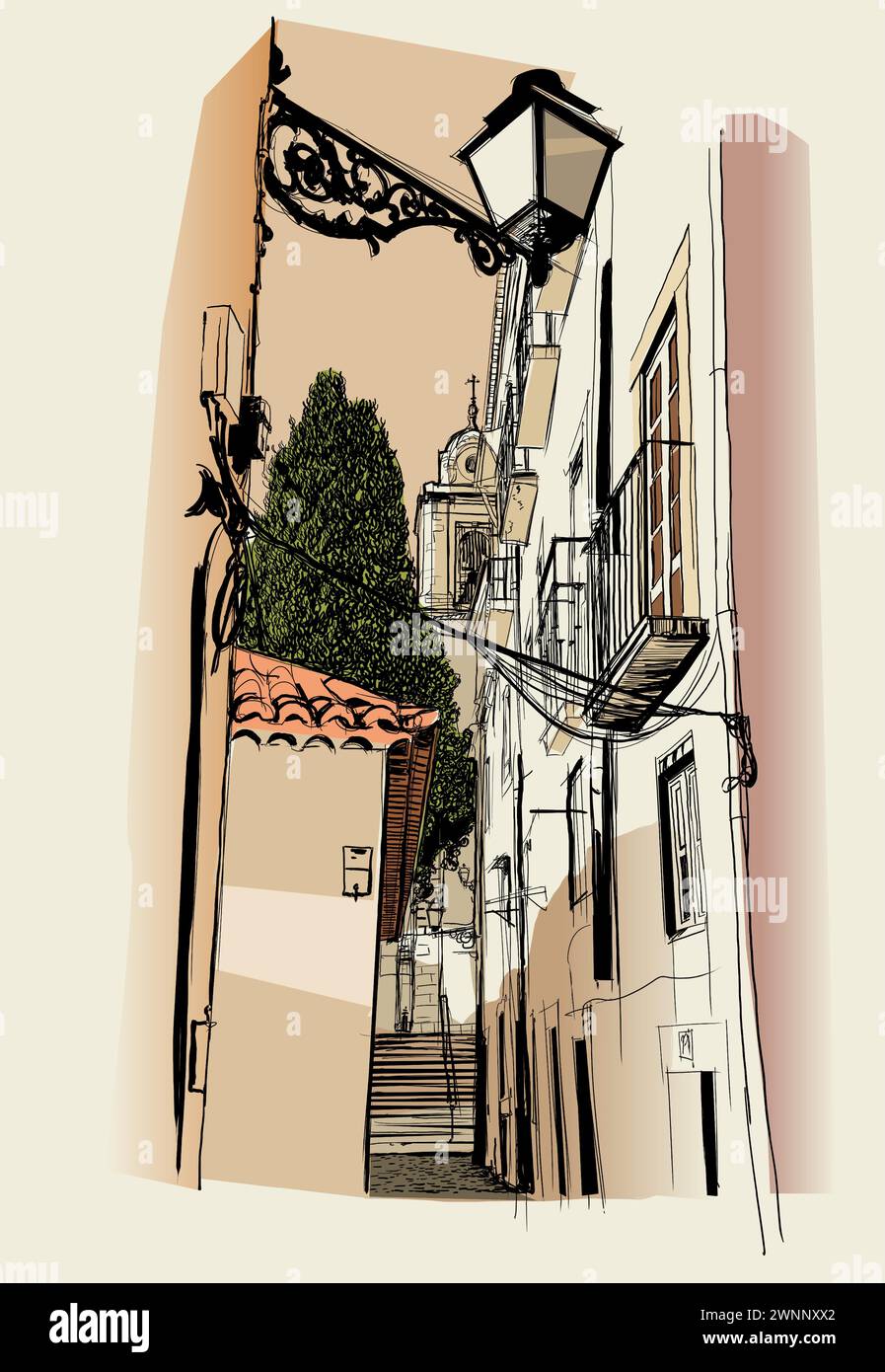 Rue à Alfama, Lisbonne, Portugal - illustration vectorielle Illustration de Vecteur