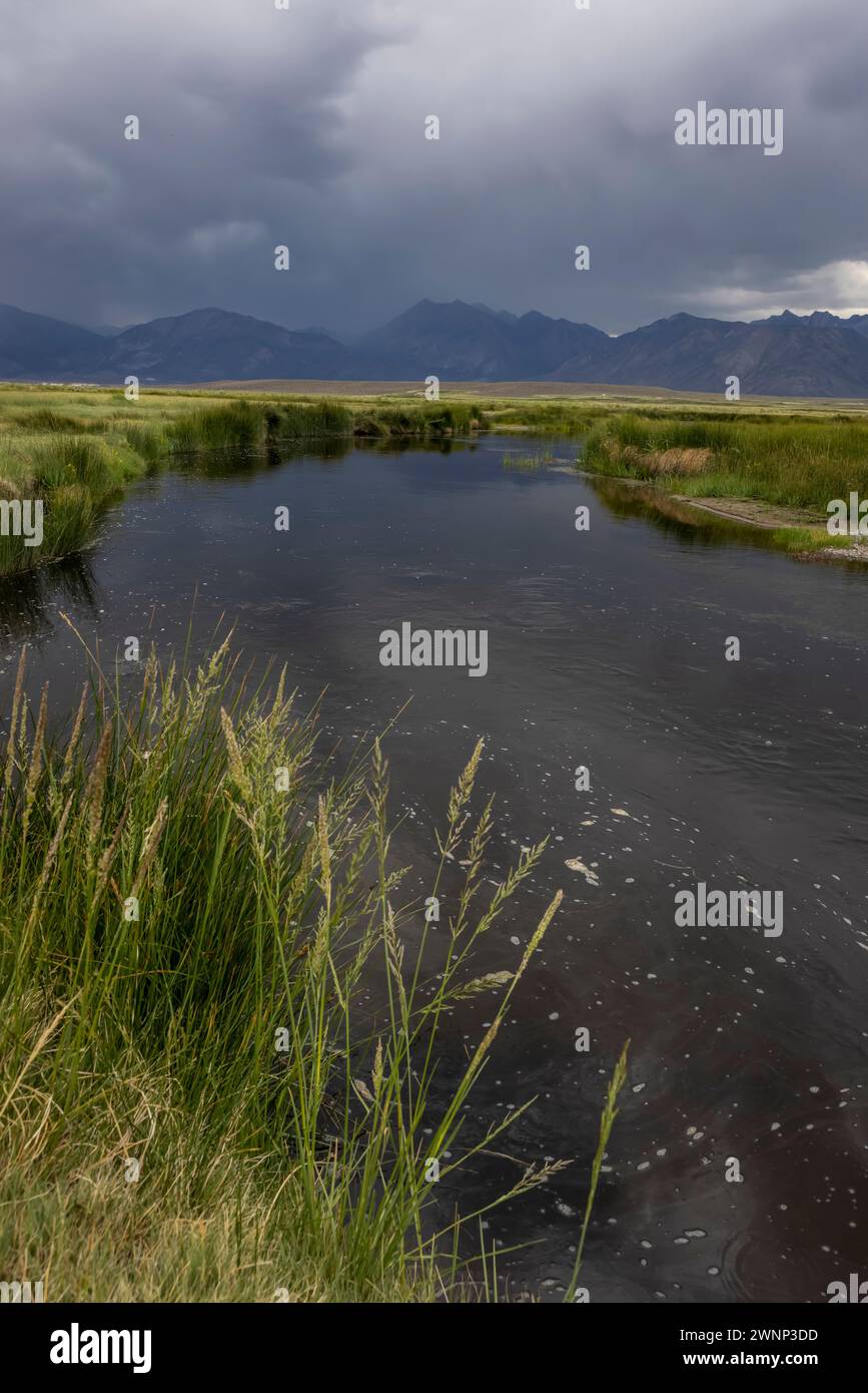 La météo se déplace le long de la rivière Upper Owens avec les Sierras orientales comme toile de fond. Banque D'Images