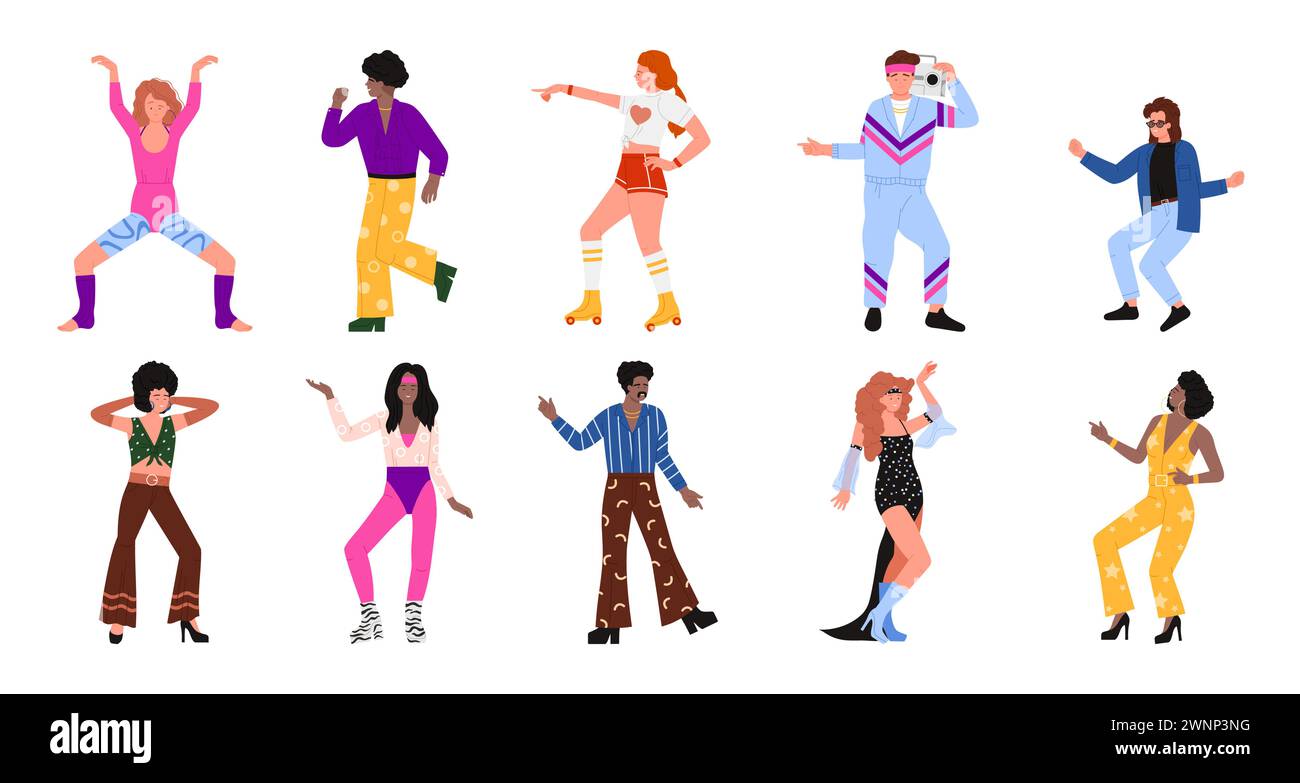 Les gens dansent sur le plateau de soirée disco. Personnages masculins et féminins dansant sur la musique dans le style des années 1970 et 1980, collection de danseurs heureux dans des vêtements rétro et avec magnétophone illustration vectorielle de bande dessinée Illustration de Vecteur