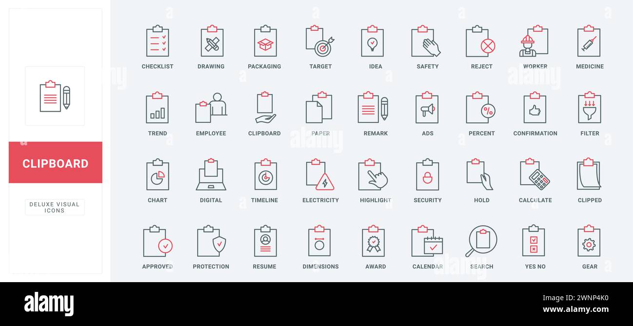 Icônes de ligne du presse-papiers définies. Liste de contrôle avec des coches, recherche de document numérique, notes médicales et enquête, papier avec engrenages et cibles minces symboles de contour noir et rouge, illustration vectorielle Illustration de Vecteur