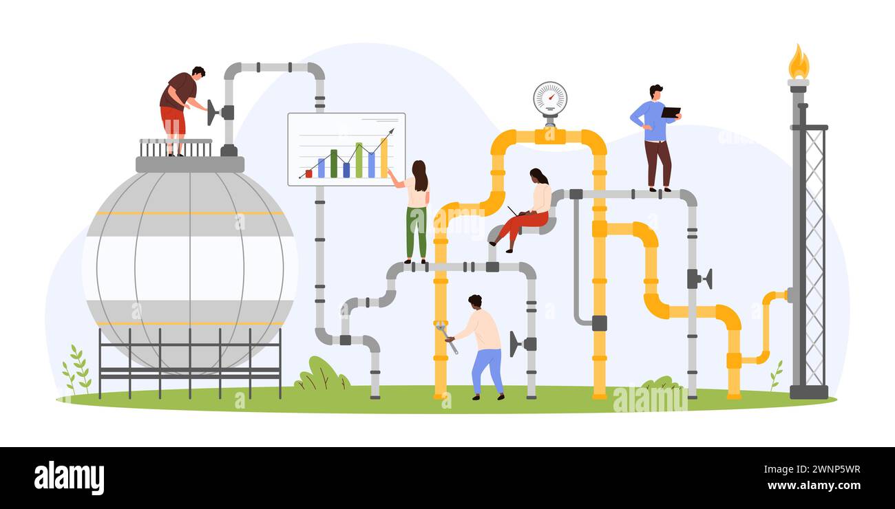 Inspection complexe de pipeline et de réservoir de stockage dans l'industrie gazière. De minuscules personnes réparent et contrôlent les vannes pour les fuites et la pression dans le réseau de tuyaux, les techniciens travaillent avec l'illustration vectorielle de dessin animé d'équipement Illustration de Vecteur