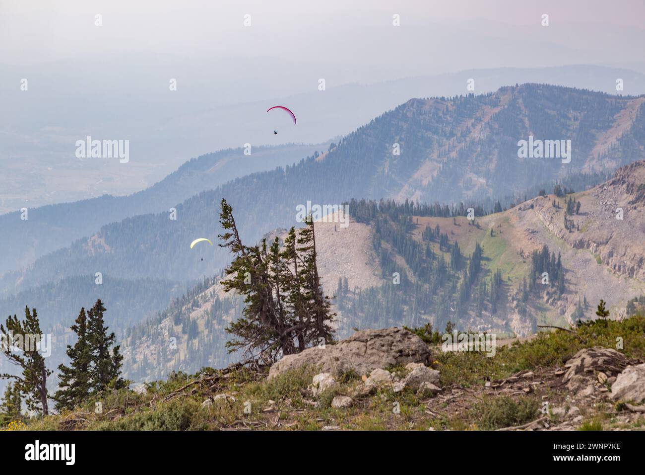 Deux parapentes au-dessus de Rendezvous Mountain depuis Jackson Hole Aerial Tram à Jackson, Wyoming Banque D'Images