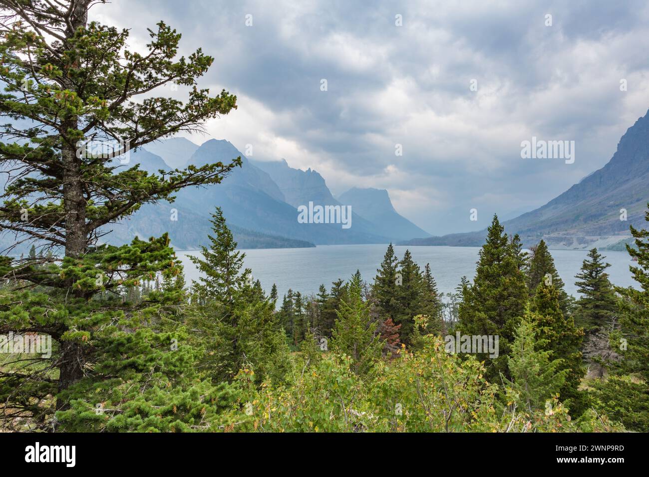 Vue sur la montagne depuis Wild Goose Island Lookout en allant sur Sun Road le long du lac Saint Mary dans le parc national Glacier, Montana Banque D'Images