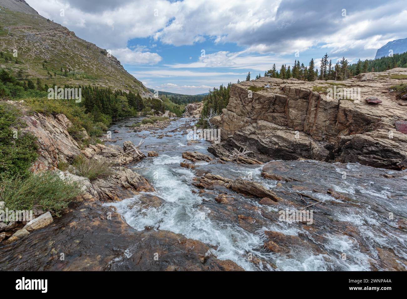 Le ruisseau SwiftCurrent s'écoule à travers un terrain rocheux dans la région des nombreux glaciers du parc national des glaciers dans le Montana Banque D'Images