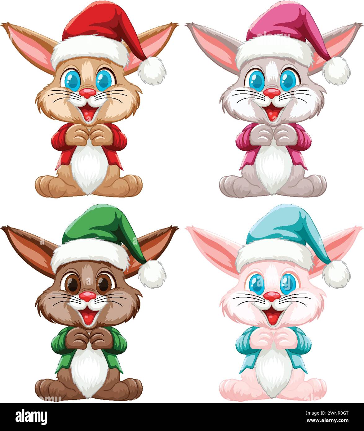 Quatre jolis lapins habillés en tenue de Noël. Illustration de Vecteur