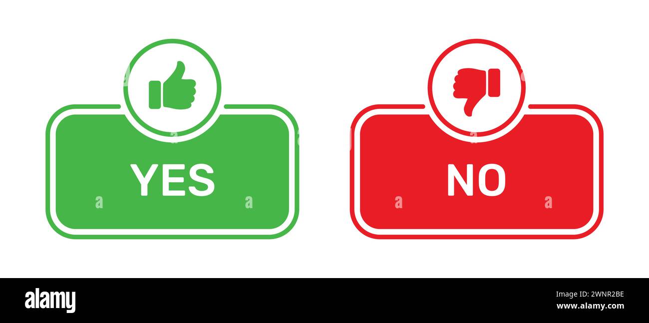 Symboles J'aime et je n'aime pas avec les boutons Oui et non de couleur verte et rouge. Boutons Oui et non avec symboles pouce vers le haut et pouce vers le bas. Illustration de Vecteur