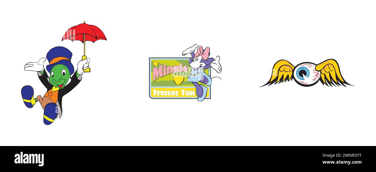 Jiminy Cricket, Von Dutch Eyeball, Minnie Mouse. Collection de logos d'arts et de design la plus populaire. Illustration de Vecteur