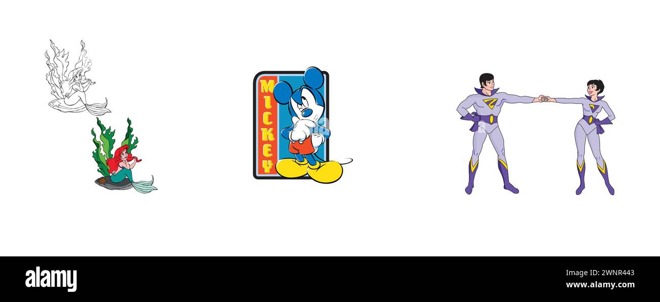 Wonder Twins, la petite sirène, Mickey Mouse. Collection de logos d'arts et de design la plus populaire. Illustration de Vecteur