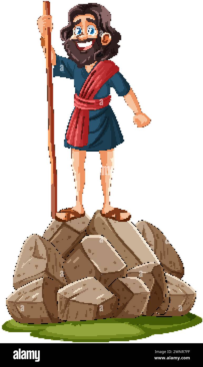 Berger de dessin animé avec un bâton au sommet d'un tas de pierres Illustration de Vecteur
