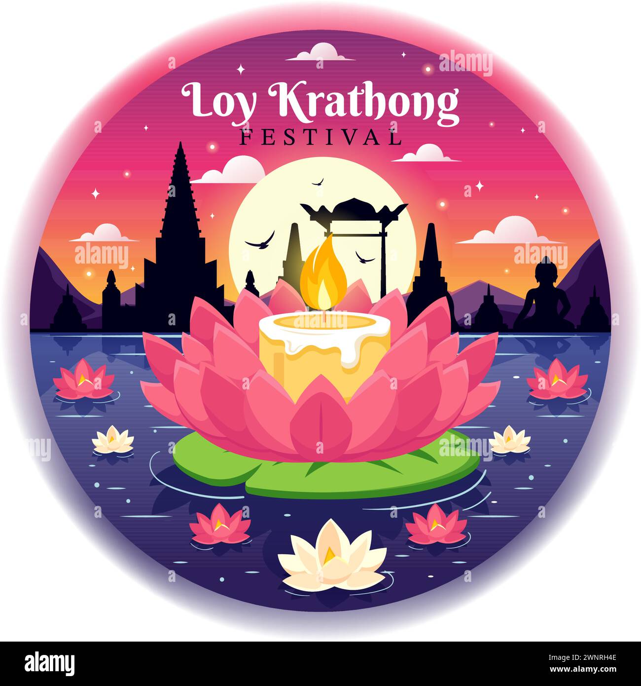 Loy Krathong illustration vectorielle de la célébration du festival en Thaïlande avec des lanternes et des Krathongs flottant sur la conception de l'eau en fond de dessin animé plat Illustration de Vecteur