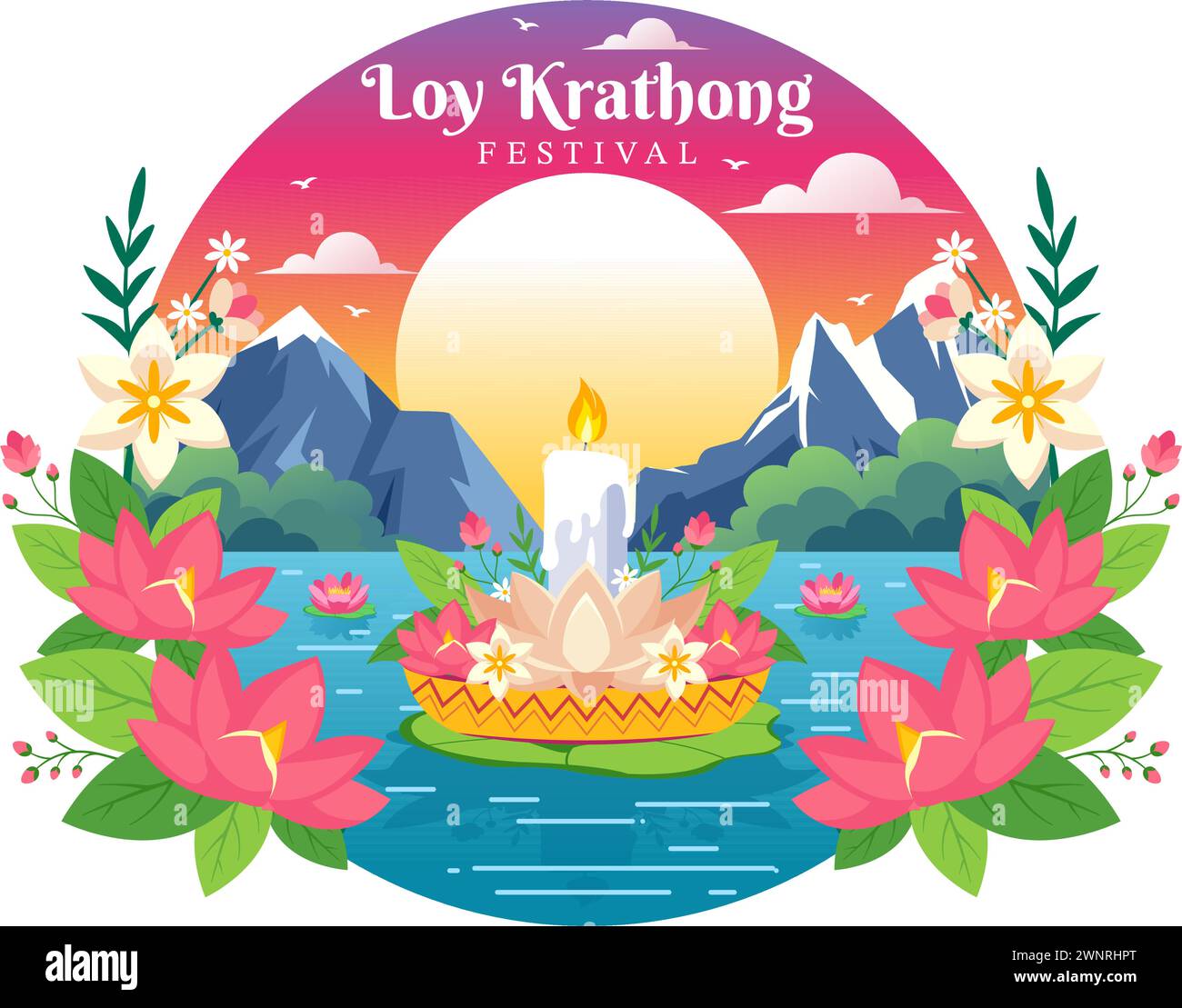 Loy Krathong illustration vectorielle de la célébration du festival en Thaïlande avec des lanternes et des Krathongs flottant sur la conception de l'eau en fond de dessin animé plat Illustration de Vecteur