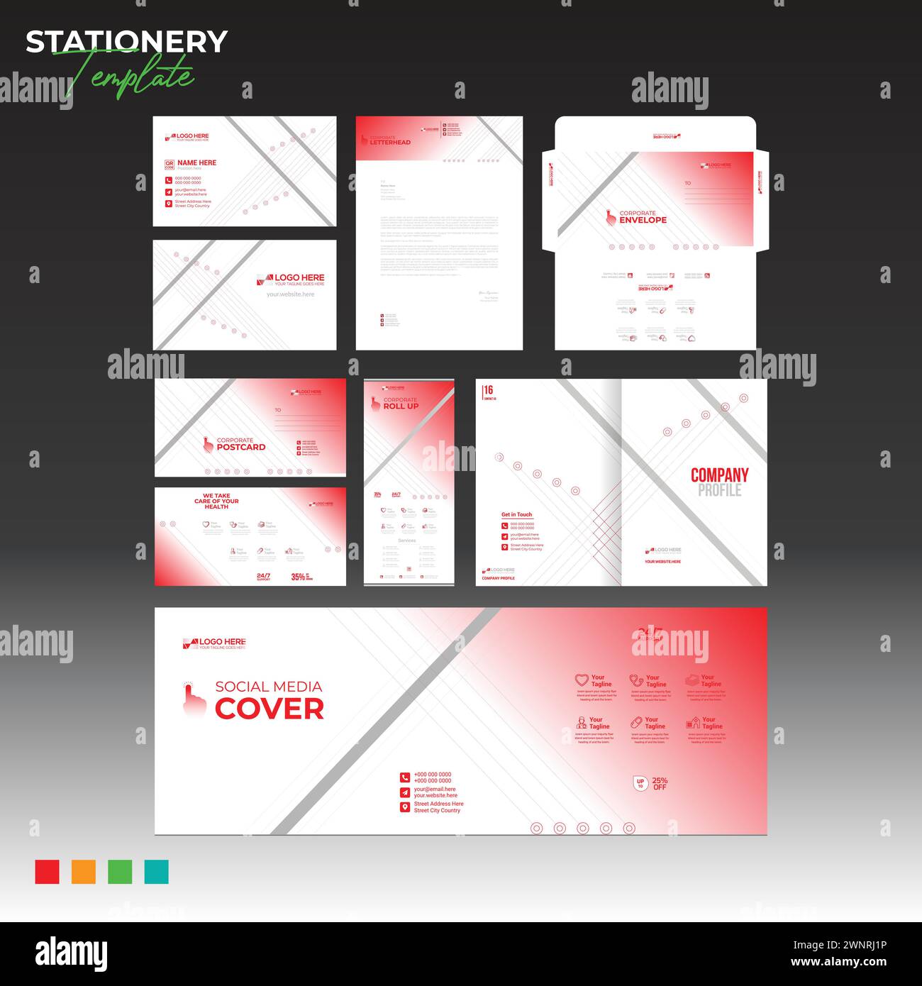 Imprimer conception de papeterie avec carte de visite enveloppe en-tête carte postale Rollup couverture sociale couverture couverture pour une utilisation optimale Illustration de Vecteur