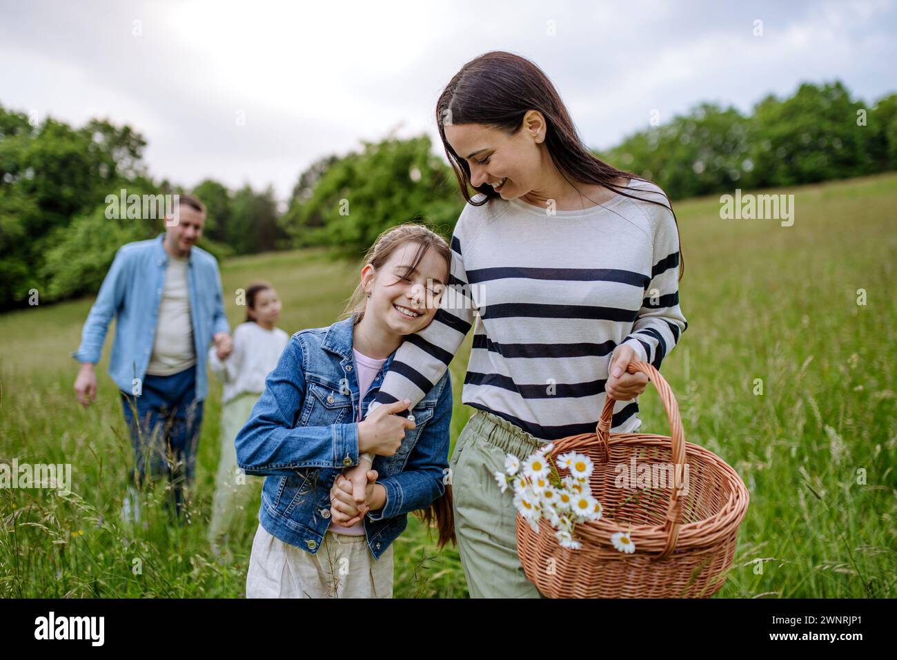 Famille en promenade dans la forêt, en passant par prairie. Cueillette des champignons, des herbes, des fleurs cueillette dans le panier, cueillette. Concept de passe-temps écologique familial dans Banque D'Images