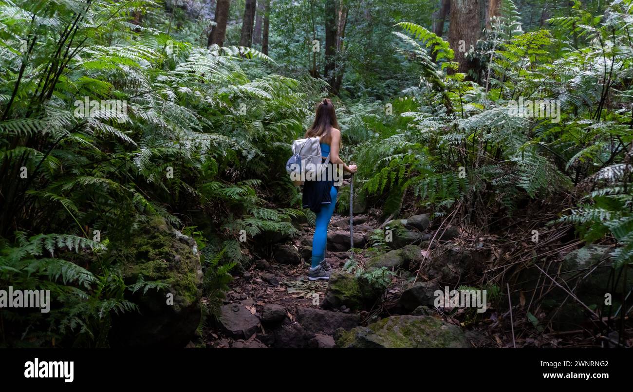 Femme randonneur et routard vêtu de bleu avec des bâtons marche le long d'un chemin entre la jungle de la Palma sur l'île des Canaries Banque D'Images