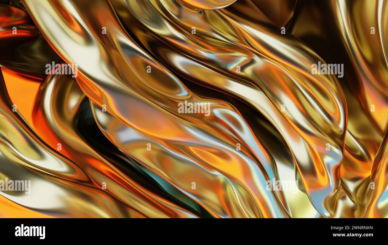Texture métallique liquide ondulée abstraite avec des teintes orange, or et chrome. Formes fluides et un mélange de tons chauds et froids créant une effec de métal liquide Banque D'Images