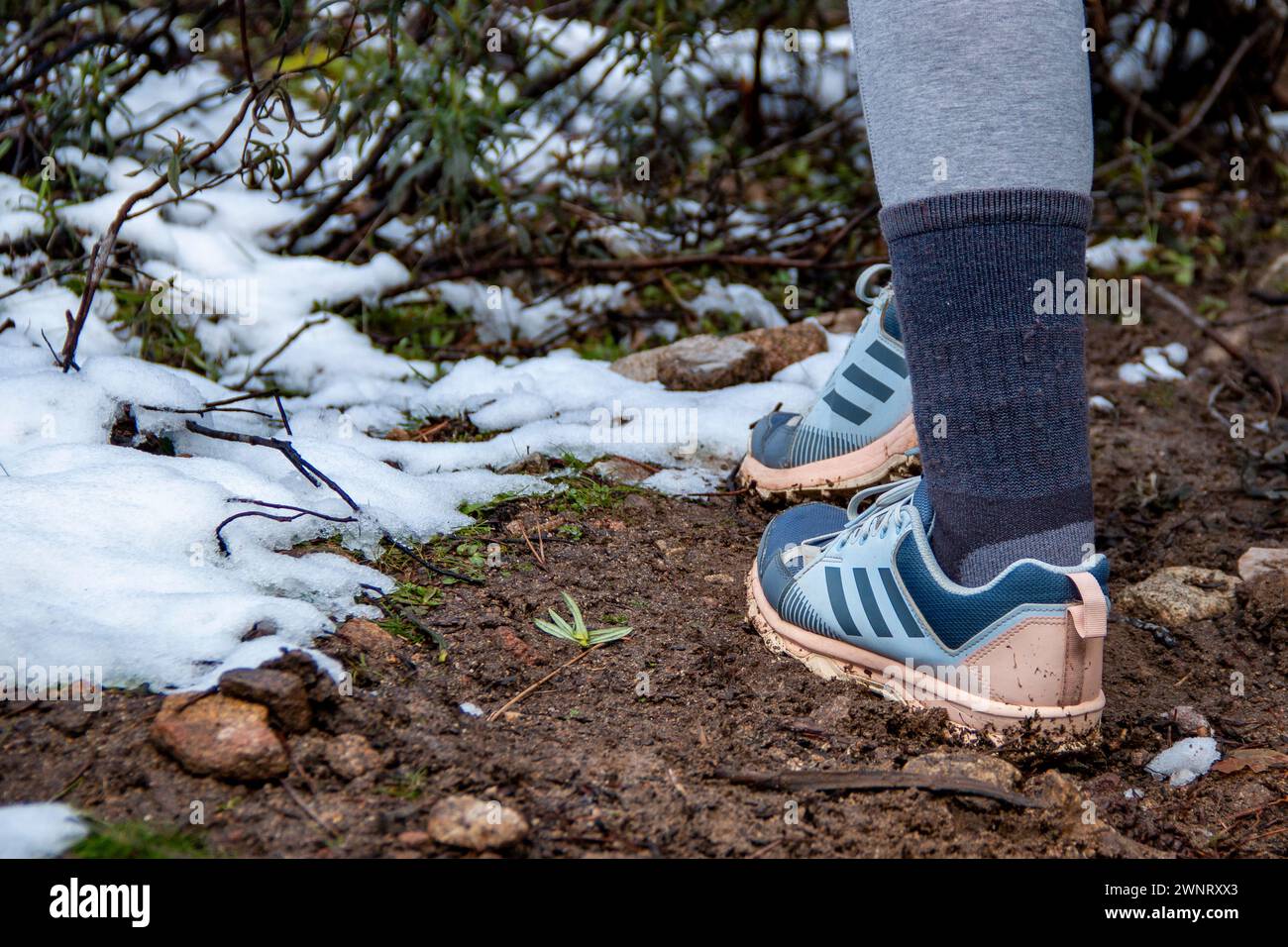 Femme marchant le long des sentiers de montagne enneigés avec des chaussures Adidas Terrex pour une utilisation de trekking Banque D'Images