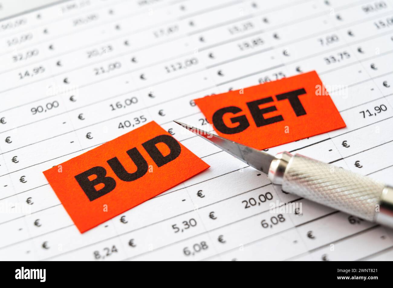 Tableau avec budget, dépenses, revenus et billet avec texte Budegt coupé en deux. Réduction du budget. Banque D'Images