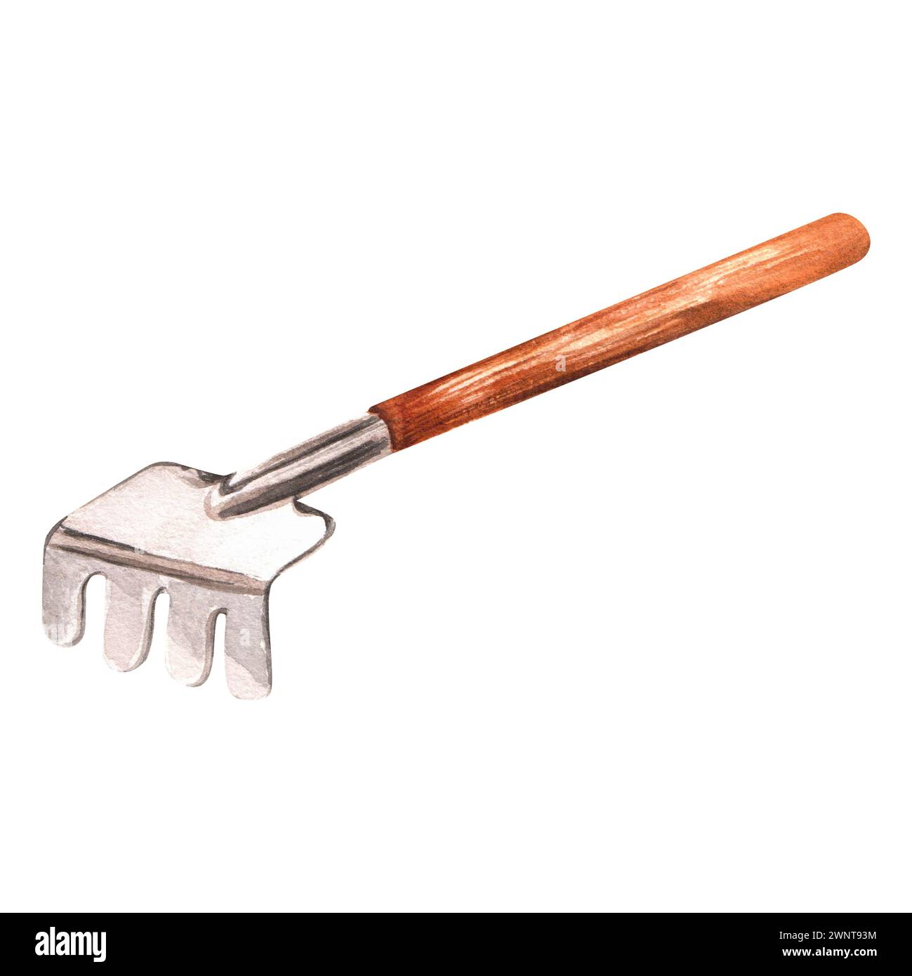 Illustration d'aquarelle dessinée à la main. Râteau de jardin avec manche en bois Banque D'Images