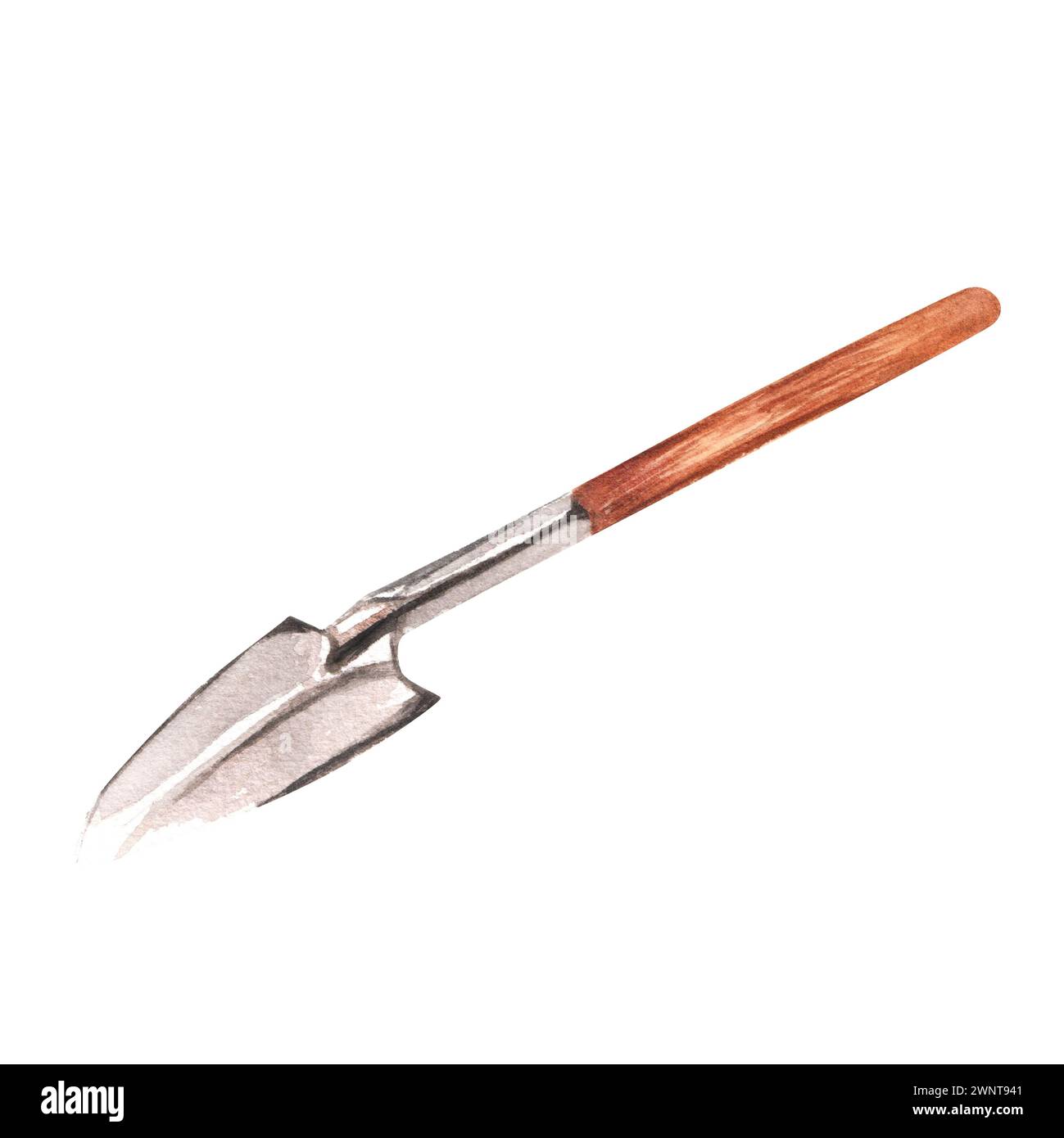 Illustration d'aquarelle dessinée à la main. Pelle de jardin avec manche en bois Banque D'Images