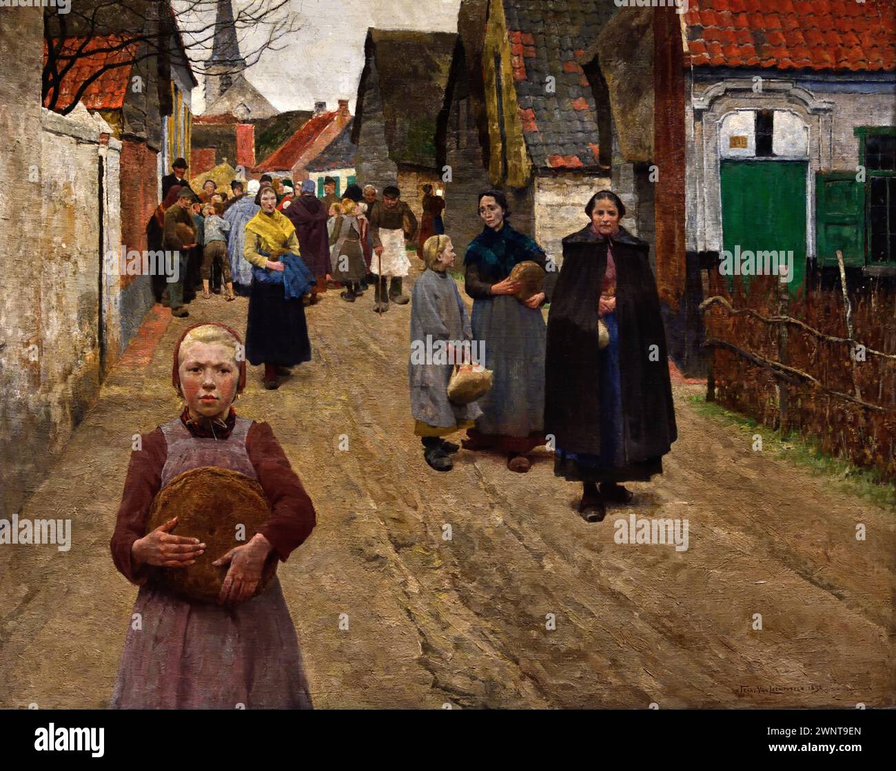 La distribution du pain dans le Village 1892 par Frans Van Leemputten 1850=1914 Musée Royal des Beaux-Arts, Anvers, Belgique, Belgique. Banque D'Images