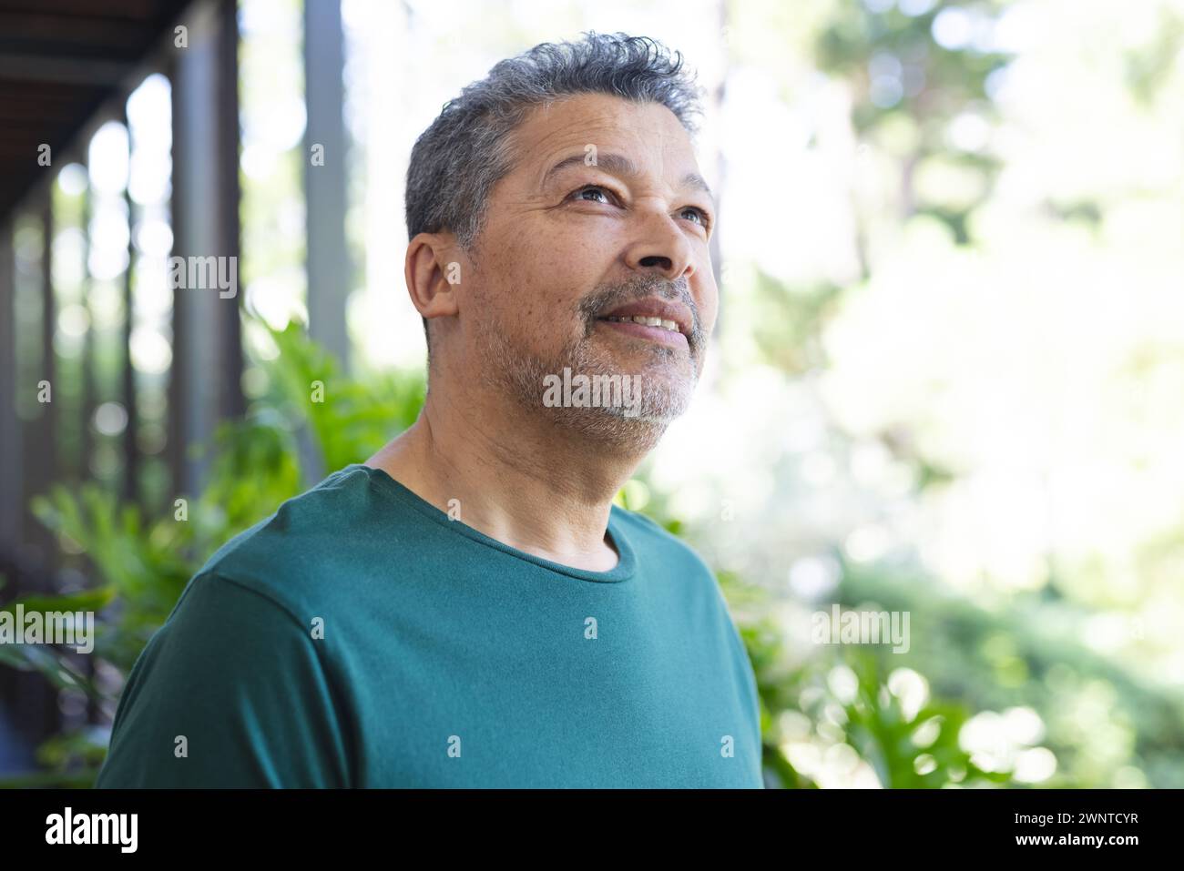 Homme biracial senior avec des cheveux grisonnants semble réfléchi, debout à l'extérieur Banque D'Images