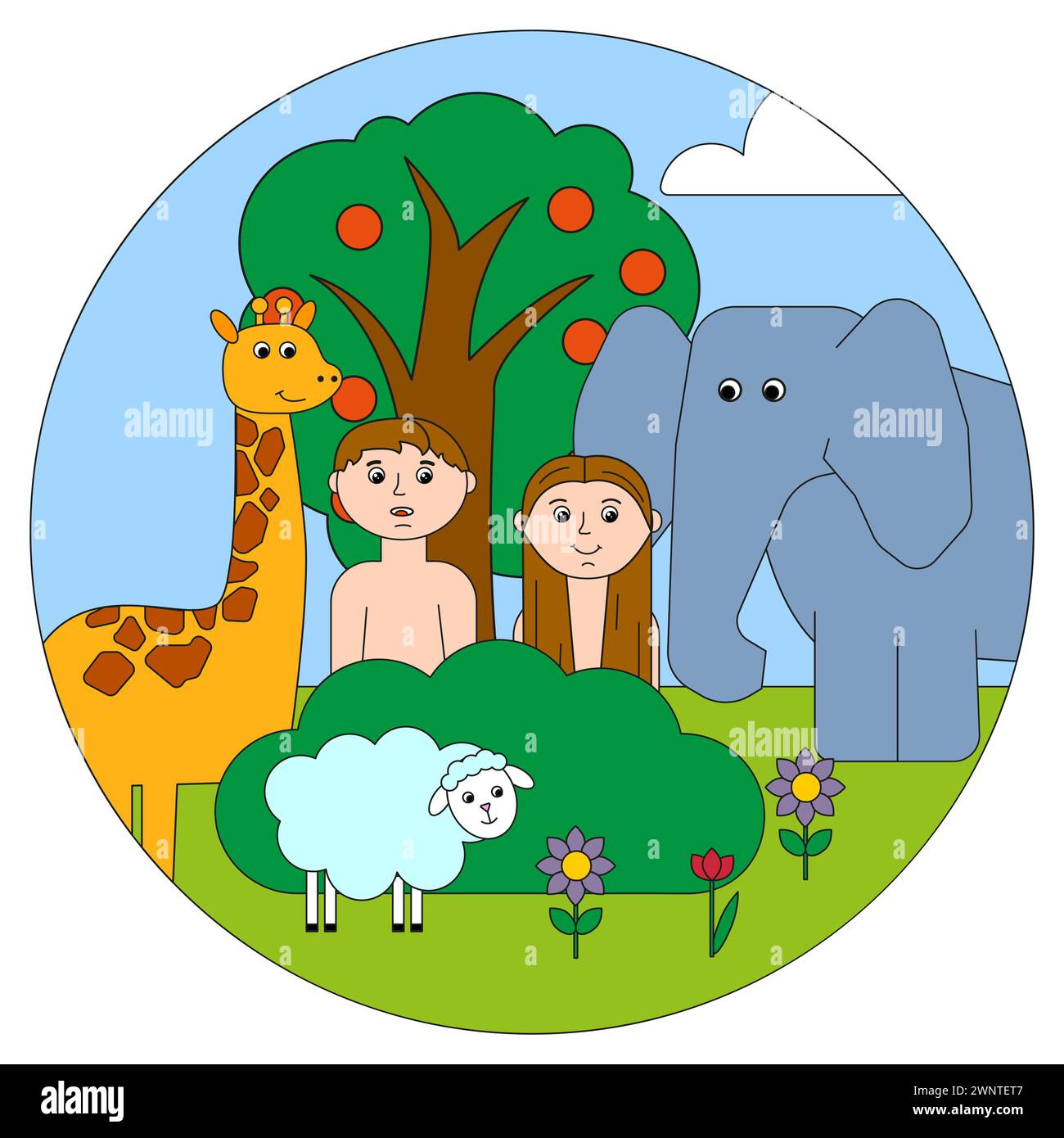 Création de l'homme, des animaux en Eden. Jardin divin serein. Repos de Sabbat paisible. Illustration vectorielle. SPE 10. Image de stock. Illustration de Vecteur