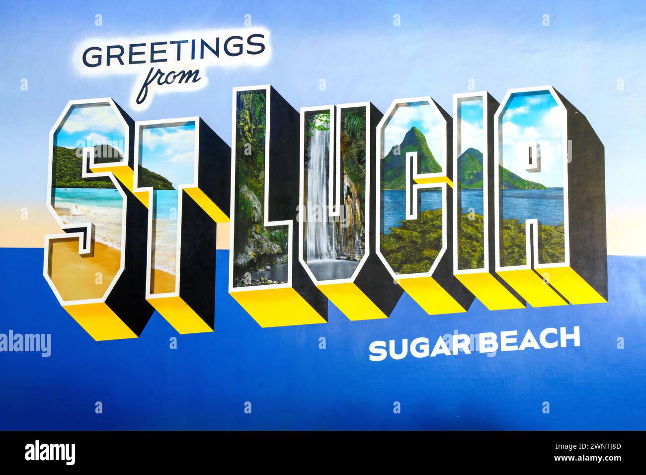 Peinture de carte postale de Sainte-Lucie, Sugar Beach Hotel cinq étoiles Luxury Resort et plage Soufrière, Sainte-Lucie, Antilles, Caraïbes orientales Banque D'Images