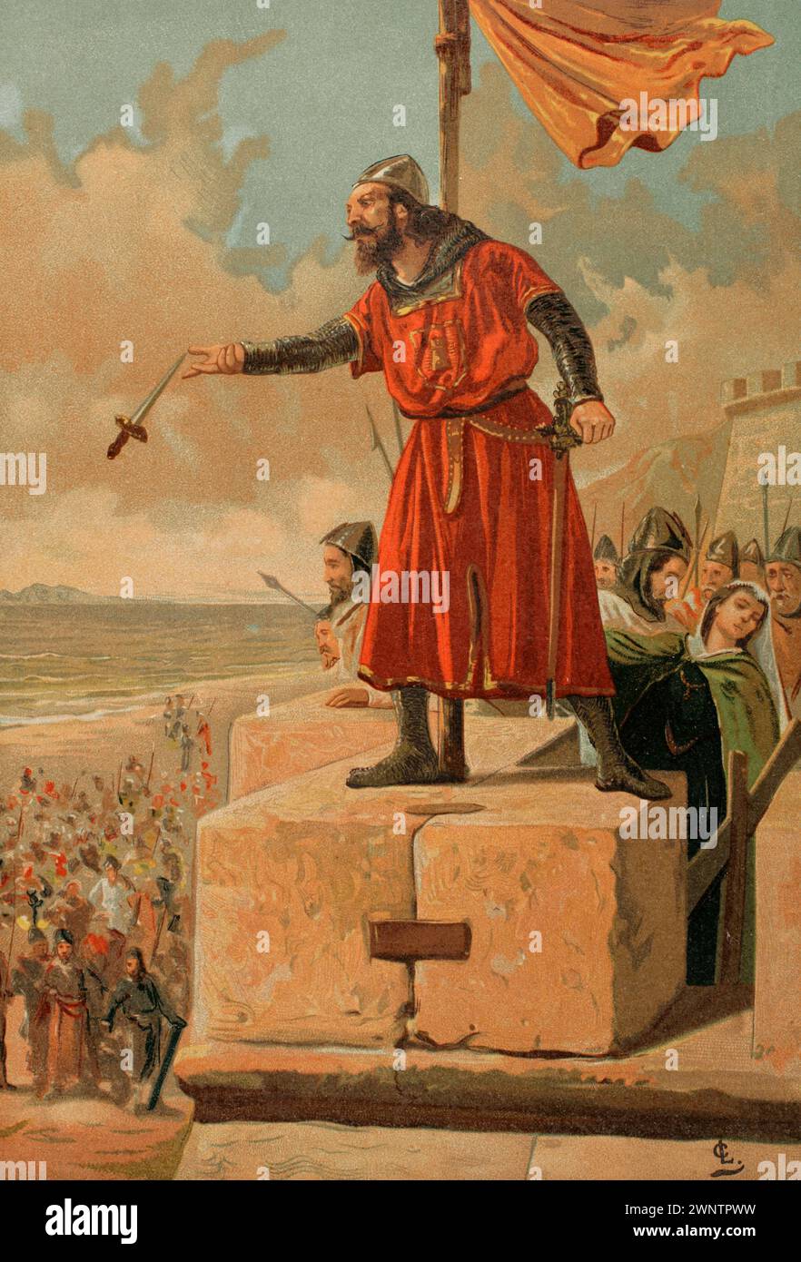 Alonso Pérez de Guzmán, dit Guzmán el Bueno (Guzman le bon) (1256-1309). Militaire et noble léonais, fondateur de la maison de Medina Sidonia. Premier seigneur de Sanlúcar de Barrameda. Guzmán le bon jette sa dague sur les musulmans lors du siège de Tarifa en 1296. Chromolithographie. 'Glorias Españolas' (Glories d'Espagne). Volume II. Publié à Barcelone, 1890. Banque D'Images