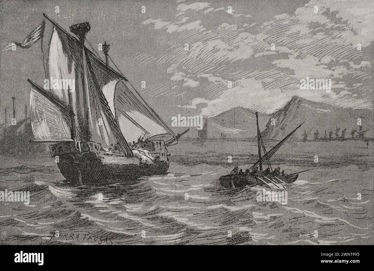 Conquête de Majorque par le roi Jacques Ier (1208-1276). Le 5 septembre 1229, l'escadron aragonais part de Tarragone, Salou et Cambrils avec une imposante flotte de plus de 150 navires pour conquérir Majorque. L'escadron catalan-aragonais à Salou. Gravure de Serra Pausas. 'Glorias Españolas' (Glories d'Espagne). Volume II. Publié à Barcelone, 1890. Banque D'Images