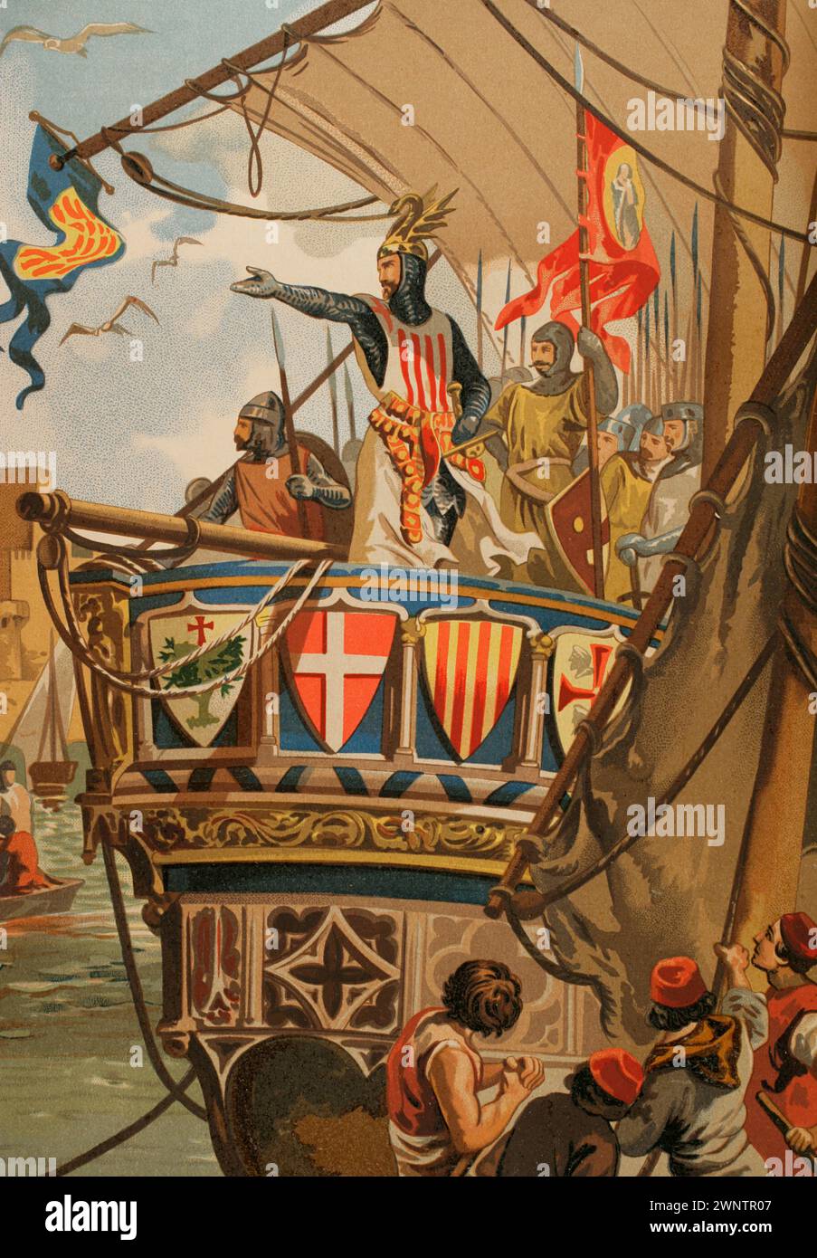Conquête de Majorque par le roi Jacques Ier (1208-1276). Le 5 septembre 1229, l'escadron aragonais part de Tarragone, Salou et Cambrils avec une imposante flotte de plus de 150 navires pour conquérir Majorque. Départ de Jacques Ier pour la conquête de Majorque. Chromolithographie. 'Glorias Españolas' (Glories d'Espagne). Volume II. Publié à Barcelone, 1890. Banque D'Images