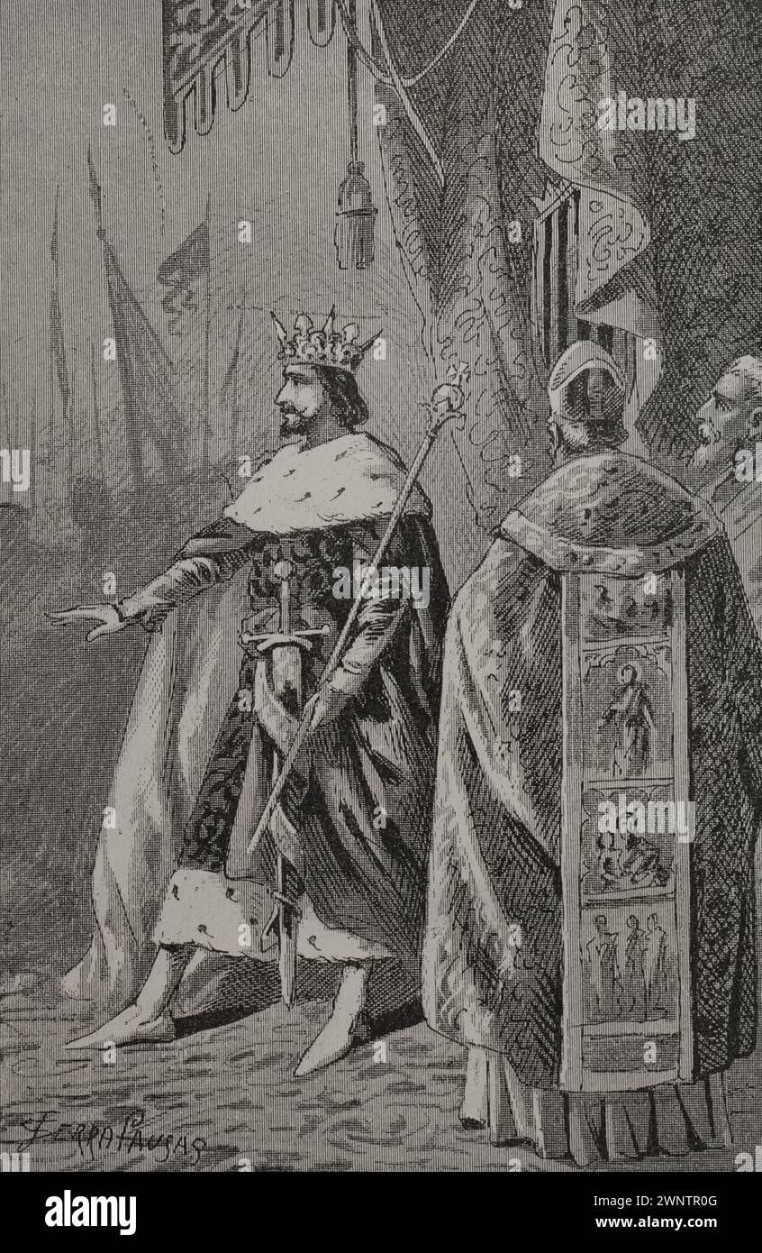 Pierre III d'Aragon (1240-1285), dit «le Grand». Roi d'Aragon, Valence (comme Pierre Ier) et Comte de Barcelone (comme Pierre II). Couronnement de Pedro III d'Aragon à Saragosse en novembre 1276. Gravure de Serra Pausas. 'Glorias Españolas' (Glories d'Espagne). Volume II. Publié à Barcelone, 1890. Banque D'Images