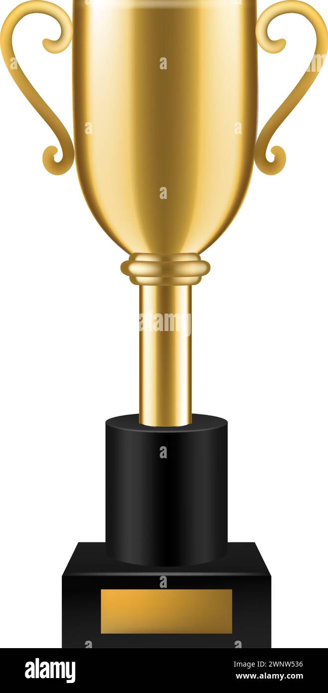 Trophée d'or réaliste. Gold Shining première place. Tasse gagnante avec assiette vide. gobelet 3d sur piédestal noir. Objectif du championnat sportif Illustration de Vecteur