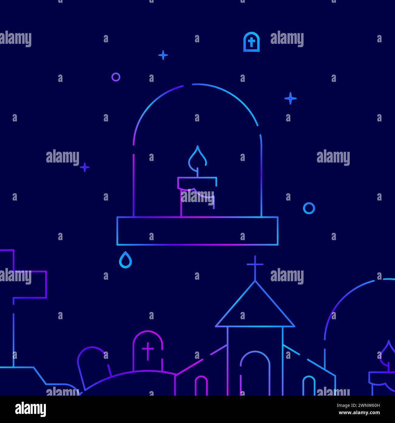 Grave, icône de vecteur de ligne de gradient de bougie, illustration simple sur un fond bleu foncé, bordure inférieure liée aux funérailles. Illustration de Vecteur