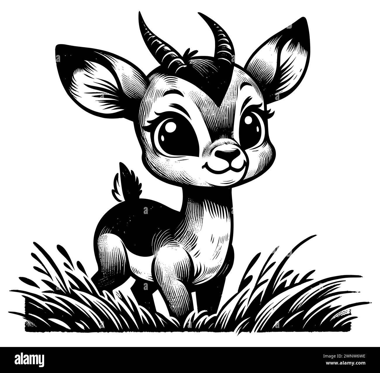 Illustration de style gravure sur bois d'impala bébé mignon sur fond blanc. Illustration de Vecteur