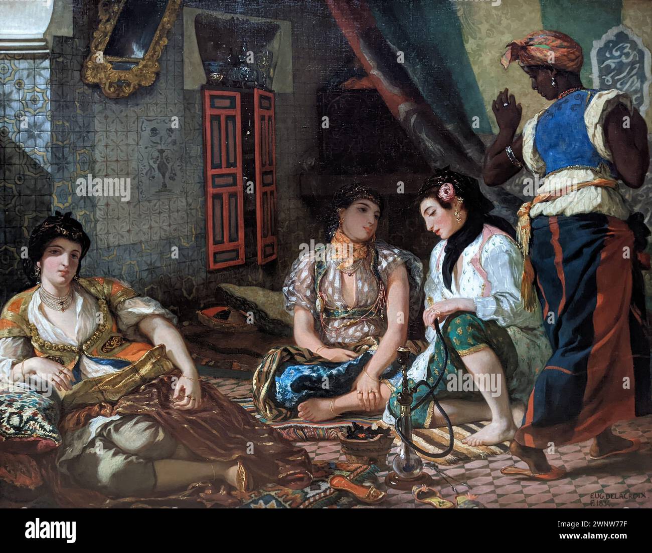 Femmes d'Alger dans leur appartement est le titre de deux peintures à l'huile sur toile du peintre romantique français Eugène Delacroix. Banque D'Images