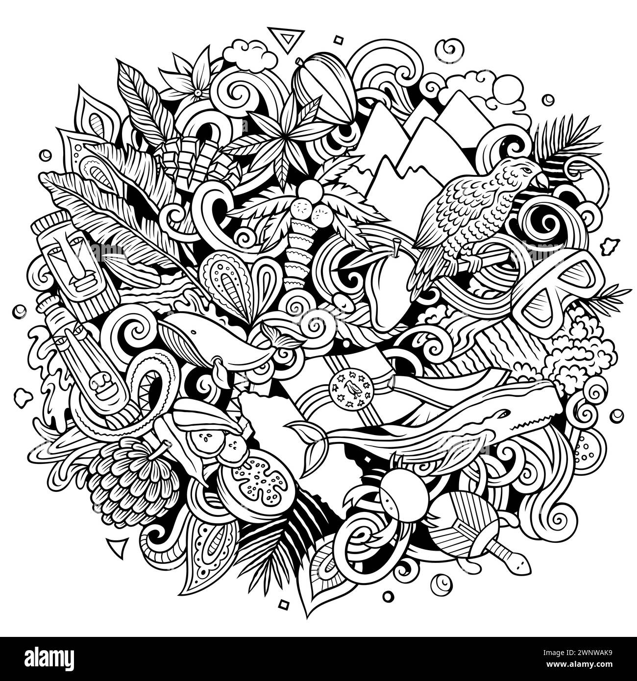 Illustration drôle de doodle vectorielle avec thème Dominique. Design dynamique et accrocheur, capturant l'essence de la culture et des traditions nord-américaines Illustration de Vecteur