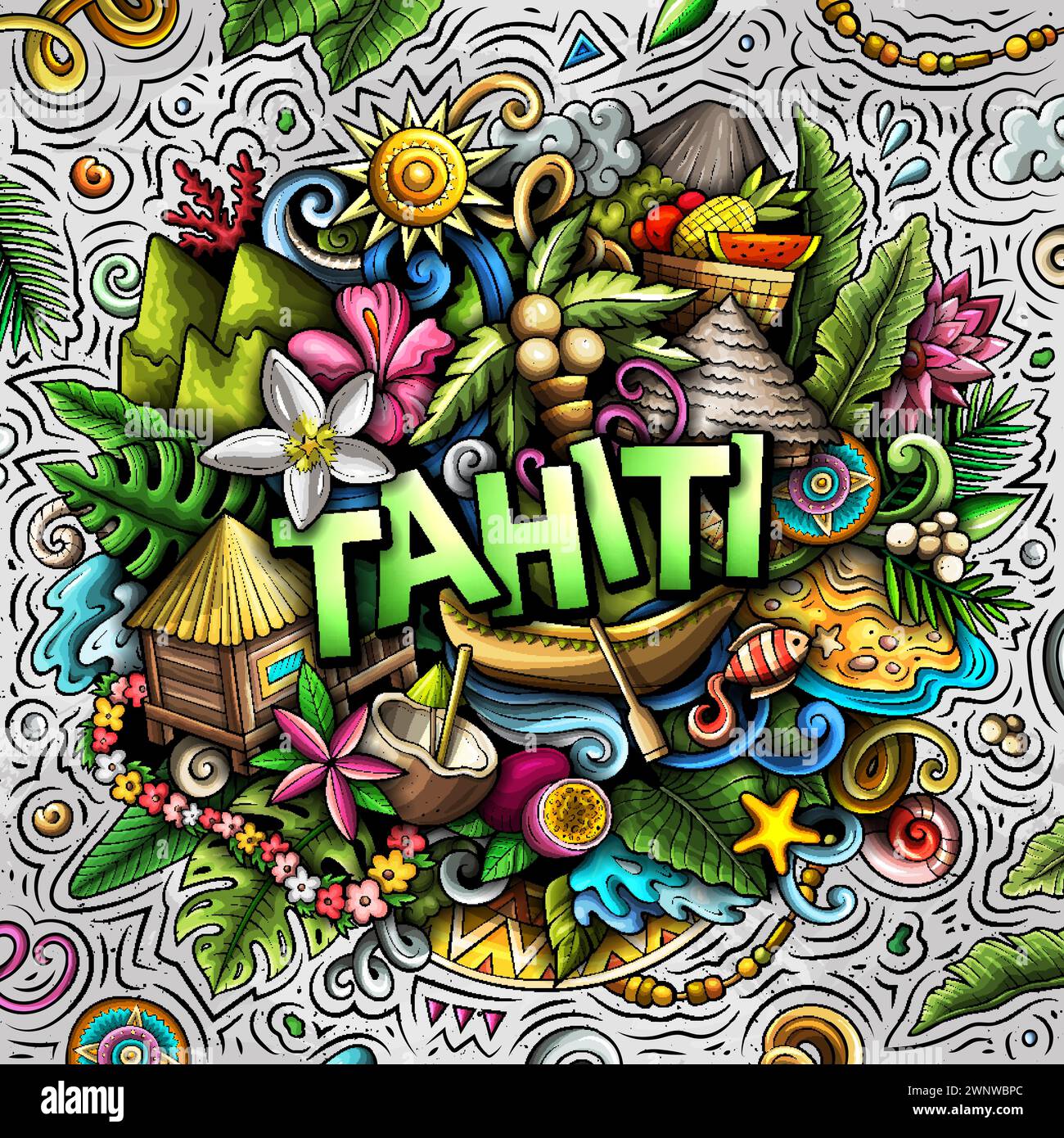 Tahiti dessin à la main dessin animé illustration doodle. Fond de vecteur amusant créatif. Texte manuscrit avec éléments et objets. Composition colorée Illustration de Vecteur